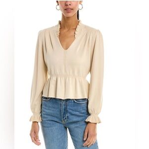 BA&SH Women's Seoul Ruffle V Neck Long Sleeve Beige‎ ECRU Sweater Size S